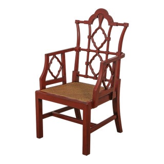 Chinese Chippendale Red Lacquer Cane Seat Armchair For Sale