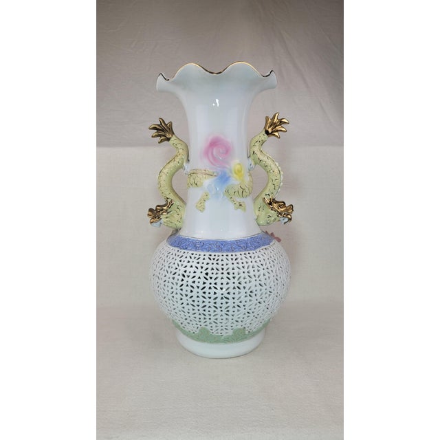 Shabby Chic Vintage Large Porcelain Dragon Handle Reticulated Floral Vase Gold Gilt For Sale - Image 3 of 18
