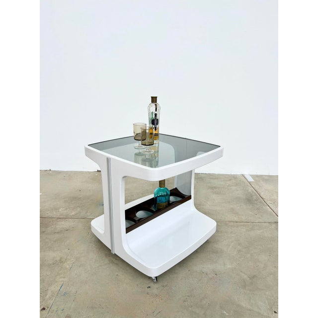 Vintage Rolling Bar Cart in White Plastic and Smoked Glass by Marc Held, 1970s For Sale - Image 9 of 13