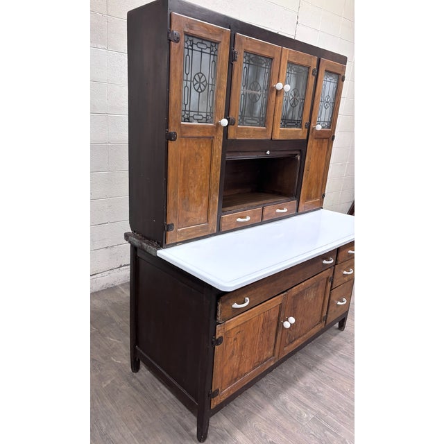 Antique Hoosier Style Farmhouse Cabinet With Glass Doors and Enamel Worktop For Sale - Image 4 of 11