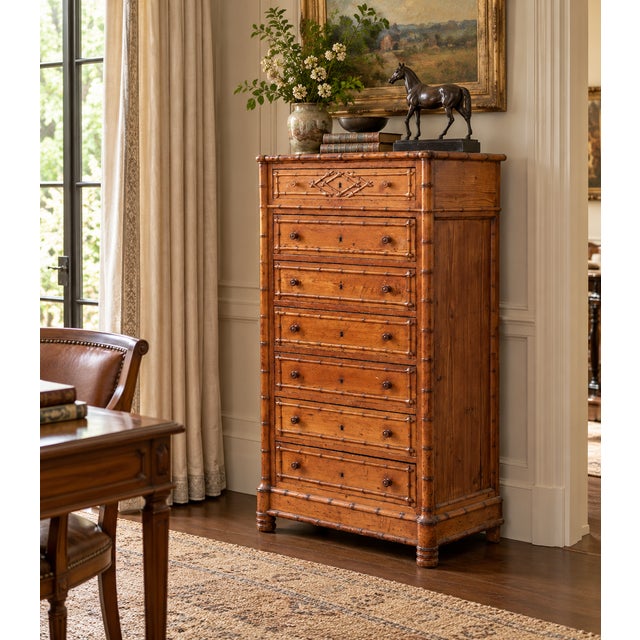 19th Century French Faux Bamboo Semainier – Seven-Drawer Pine Chest with Marble Top Origin: France Period: Late 19th...