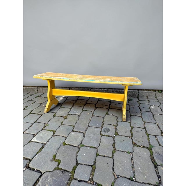 Vintage Trestle-Style Country Farmhouse Bench Storied Patina For Sale - Image 11 of 12