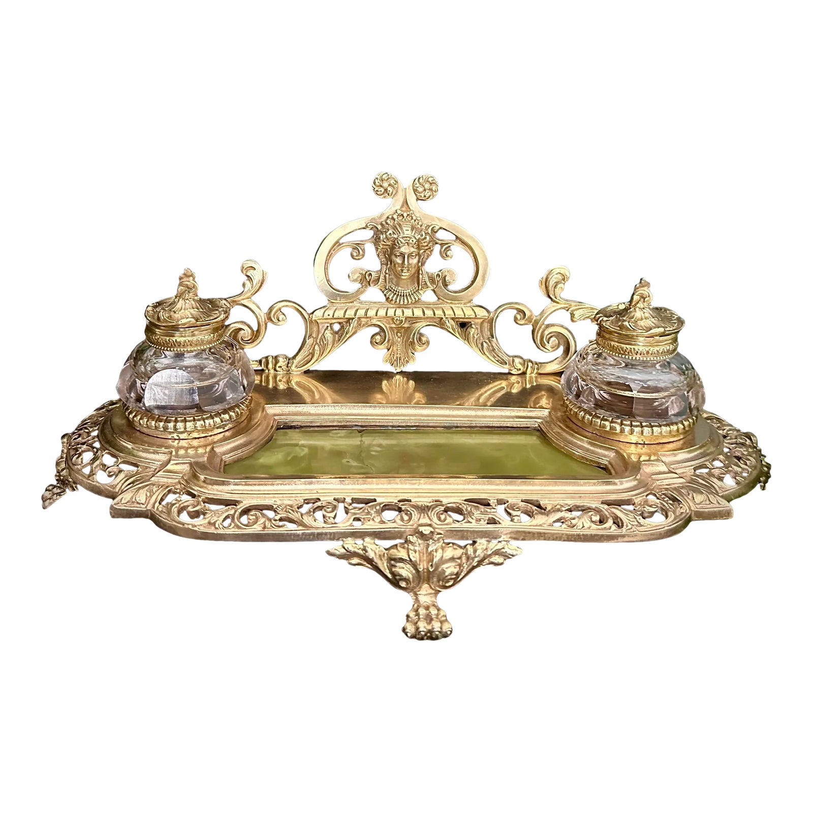 Antique French Bronze Ink Well / Encrier Victorian Crystal Pots Desk ...