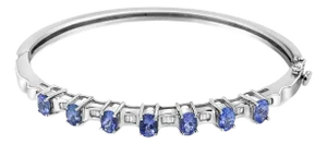 14K White Gold 5 MM Oval Blue Tanzanite and 1/4 Cttw Diamond Bangle - Fits wrists up to 7 1/2 Inches
