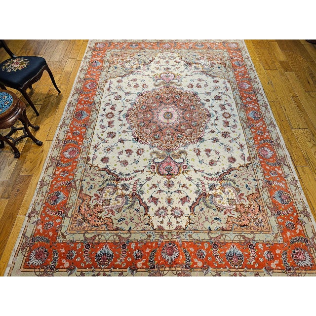 Vintage Persian Tabriz Rug, Hand-Knotted Wool & Silk, Floral Pattern, Ivory & Pink, 8x12 For Sale - Image 11 of 18