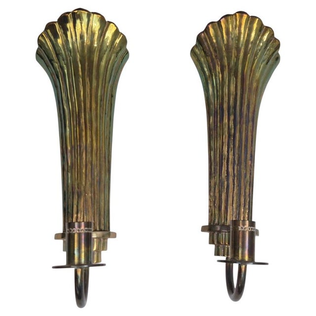 Metal Swedish Modern Candle Sconces in Brass attributed to Lars Holmström, Arvika, 1940, Set of 2 For Sale - Image 7 of 7