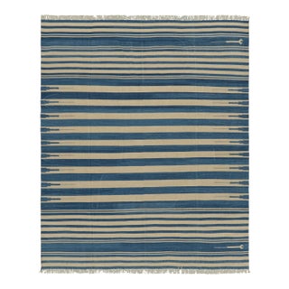Rug & Kilim's Contemporary Dhurrie Rug in Blue and Beige Stripes - 12x15 For Sale