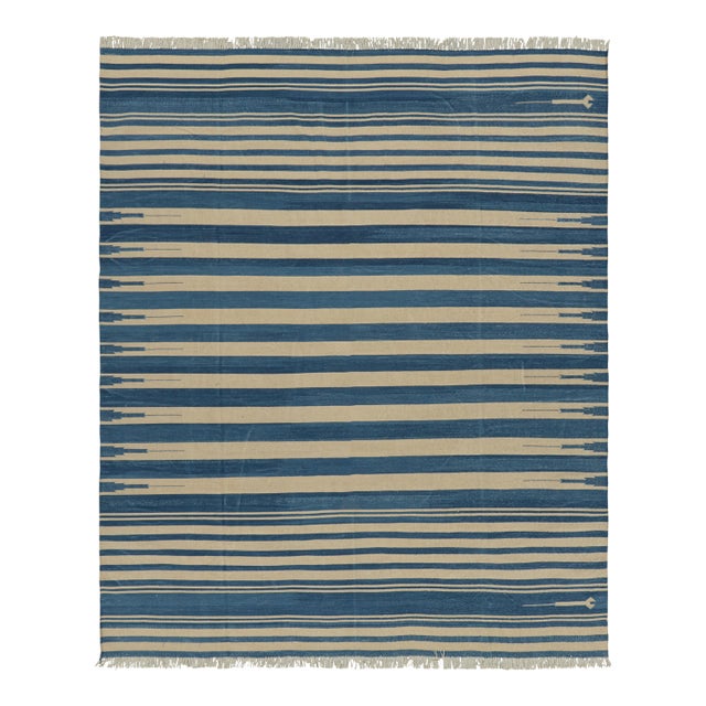 Rug & Kilim's Contemporary Dhurrie Rug in Blue and Beige Stripes - 12x15 For Sale