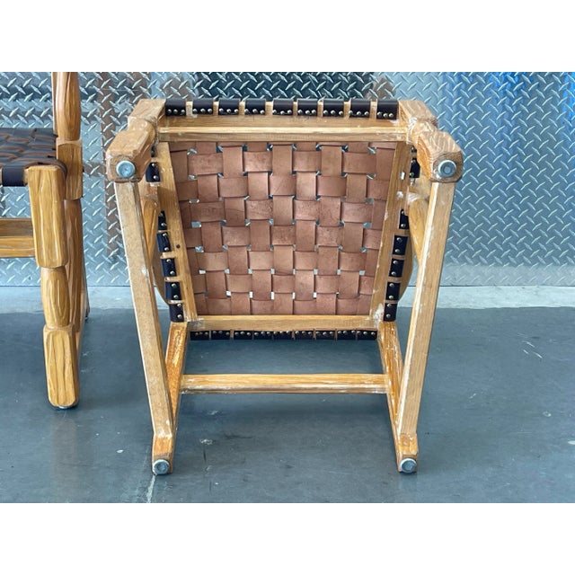 Vintage Mid-Century Ranch Oak Leather Strapped Arm Chairs - A Pair For Sale - Image 9 of 11