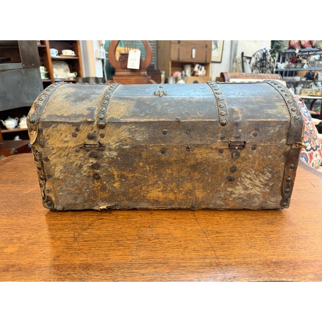 19th-Century Antique Brass-Studded Leather Document Box Trunk For Sale - Image 4 of 7