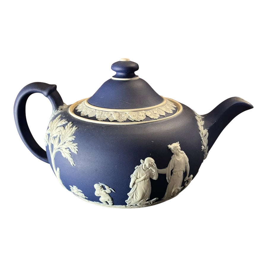 Early 20th Century Wedgwood Blue Jasperware Teapot & Lid | Chairish