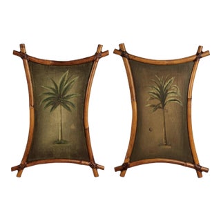 Pair of Vintage Palm Tree Paintings in Bamboo Frames For Sale