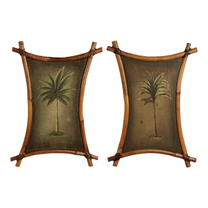 Pair of Vintage Palm Tree Paintings in Bamboo Frames