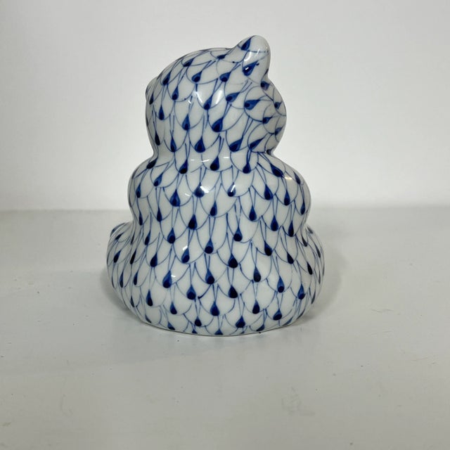 Andrea by Sadek blue on white fishnet print teddy bear. Measures 4” w x 4” d x 5” h.