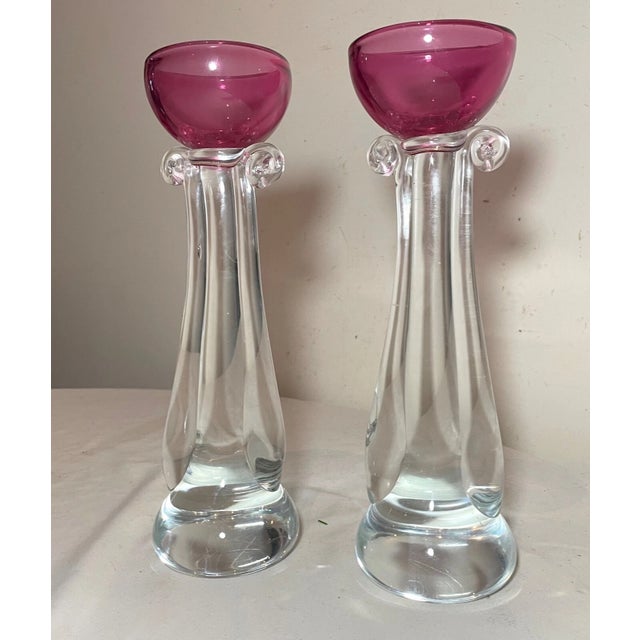 Mid-Century Modern 1960s Tall Pair Murano Hand Blown Alfredo Barbini Glass Candlesticks Candle Holders For Sale - Image 3 of 14