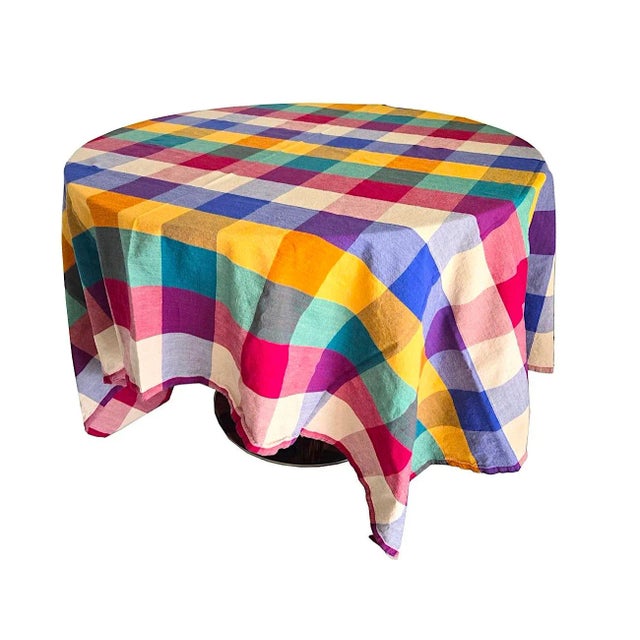 Early 21st Century Vintage Dansk Ritva Puotila Cotton Madras Woven Tablecloth and Napkins, Set of 7 Pieces For Sale - Image 5 of 11