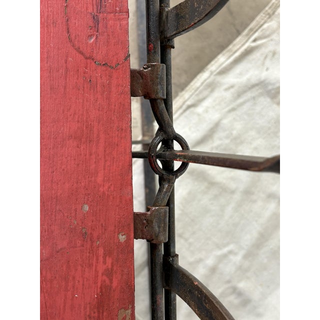 Wood Mid-Century French Bistro Bench With Red Slats and Wrought Iron Frame For Sale - Image 7 of 11