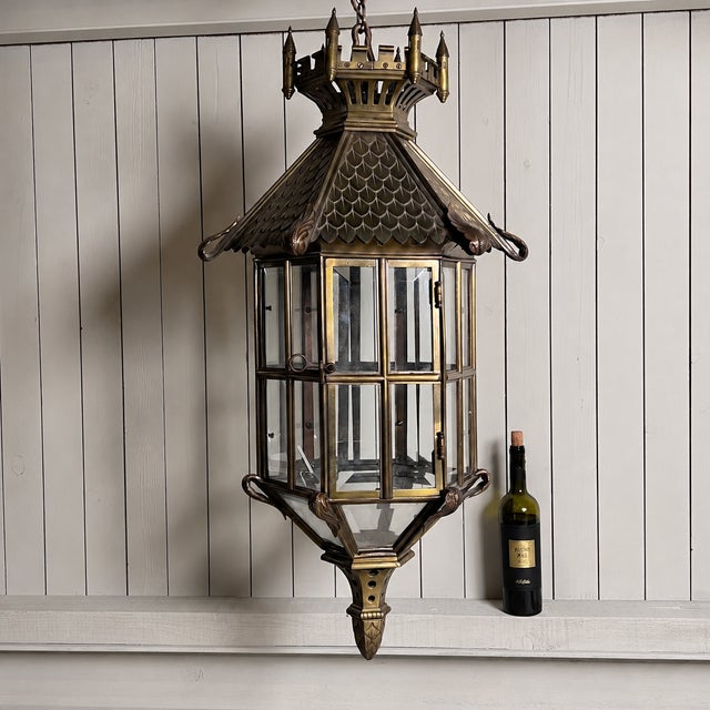 Metal Gothic Revival Bronze Hanging Lantern with Castellated Crown, 1930s For Sale - Image 7 of 12