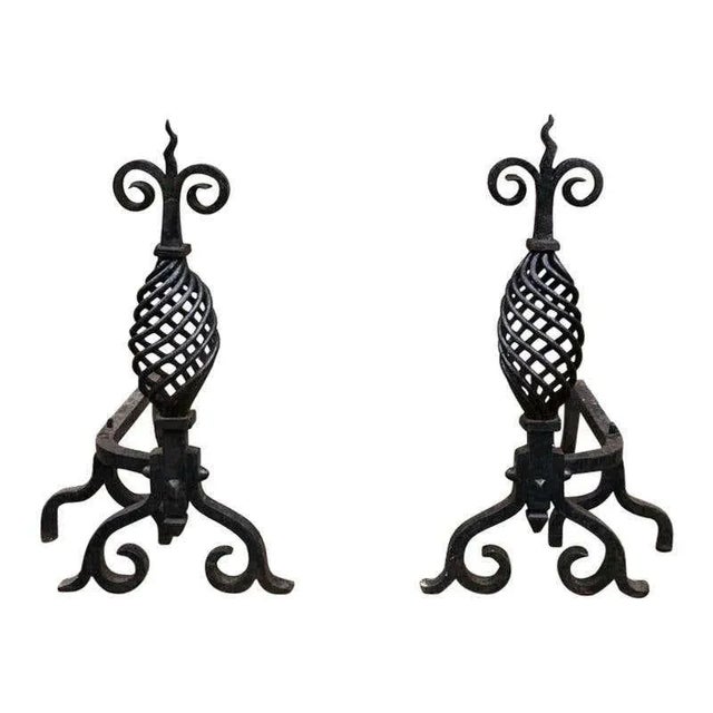 Black 19th Century Gothic Wrought Iron Fireplace Andirons, Set of 2 For Sale - Image 8 of 8