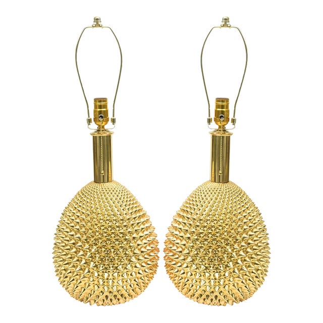 Vintage 1970's Studded Spiky Gold Polychrome Sculptural Ceramic Lamps Italy, Restored For Sale