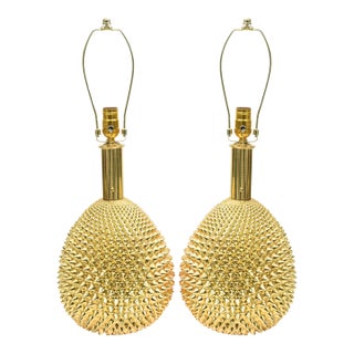 Vintage Italian Restored Rare Studded Spiky Gold Polychrome Sculptural Ceramic Lamps Pair Of For Sale