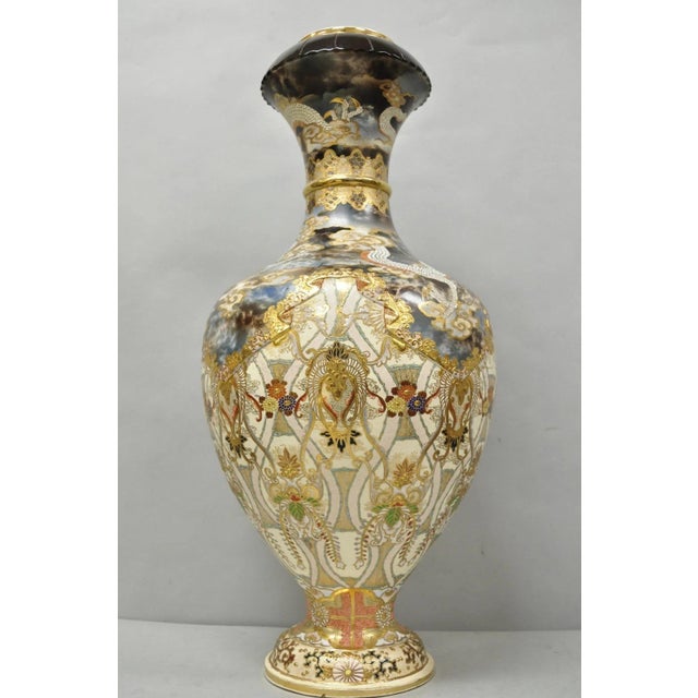 Vintage 30" Japanese Royal Satsuma Hand Painted Porcelain Oriental Dragon Vase For Sale - Image 11 of 17