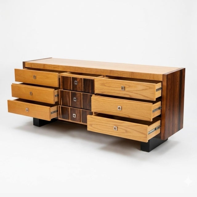 Mid-Century Modern Oak and Rosewood Vintage Brutalist Mid Century Modern 9 Drawer Lowboy Dresser C. 1970s For Sale - Image 3 of 6