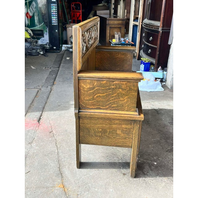 Antique William Morris Style English Arts & Crafts Movement Oak Carved High Back Monk's Bench For Sale - Image 9 of 11