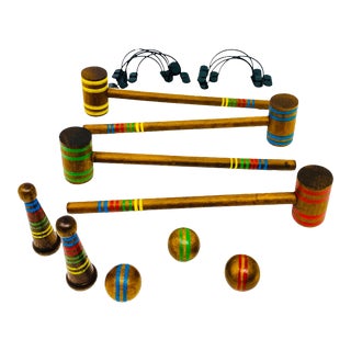 Late 20th Century Desktop Wood Croquet Set With Slide Top Box - 19 Piece Set For Sale