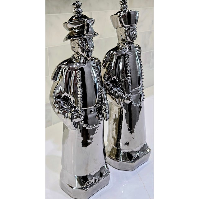 Large Vintage Chrome Chinoiserie Porcelain Scholar & Student Figurine Pair, 18 Inch For Sale In Dallas - Image 6 of 17