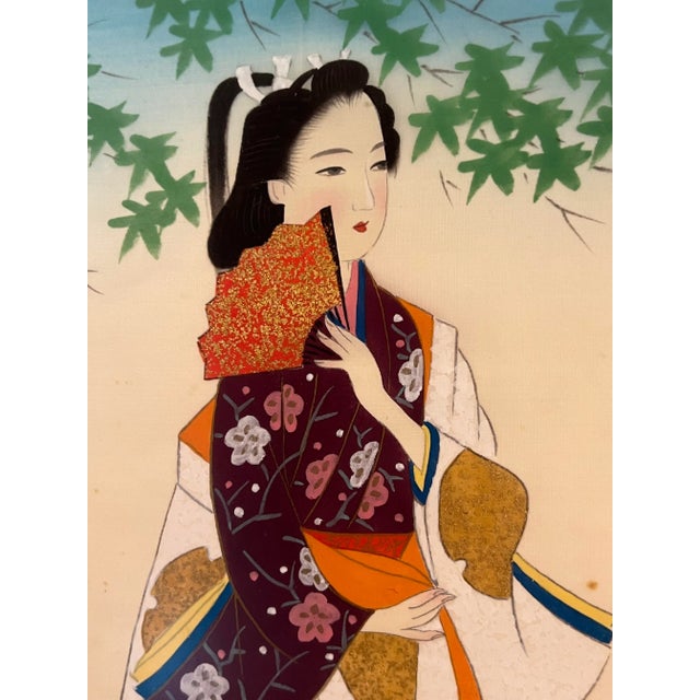 Green Mid-Century Japanese Silk Paintings by Ishikawa Kiyohiko - Framed - A Pair For Sale - Image 8 of 12
