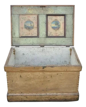 Antique 19th C French Hand Painted Distressed Wood Blanket Chest Dovetail Trunk