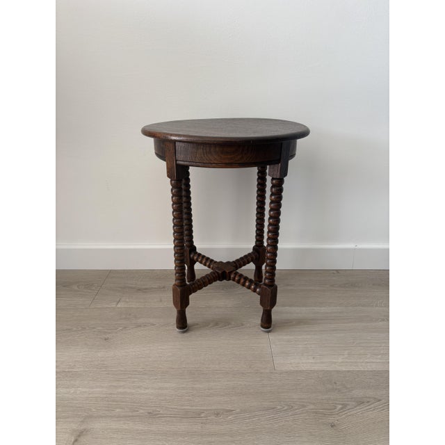 Wood Small Vintage Round Woode Side Table with Turned Legs, 1950s For Sale - Image 7 of 9