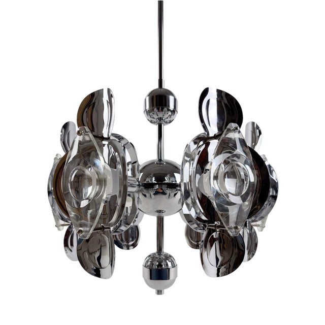 Space Age Chrome Chandelier in Crystal Glass Optic Lens by Oscar Torlasco, 1970s For Sale