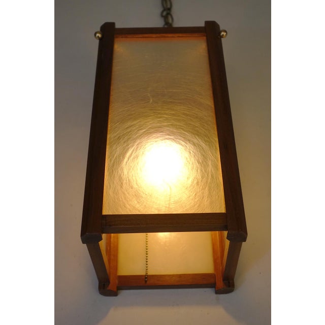 1950s Mid Century Modern Fiberglass Walnut Brass Lantern Hanging Swag Lamp For Sale - Image 9 of 11