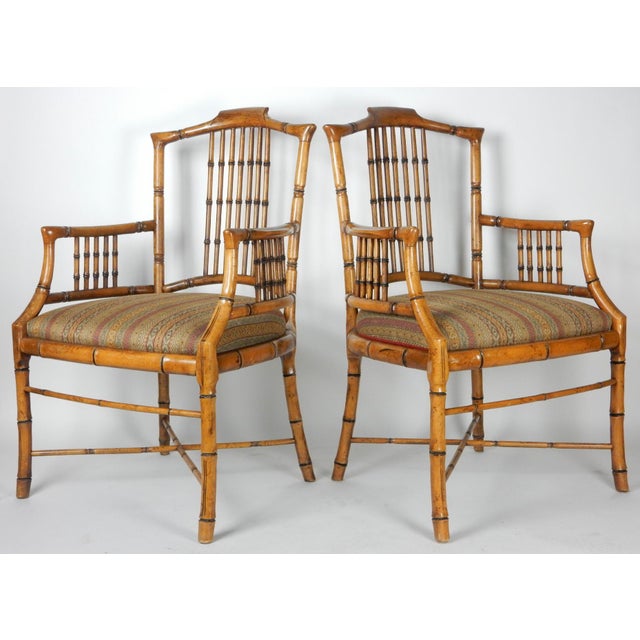 Hollywood Regency Wood Faux Bamboo Arm Chairs by Baker Chairish