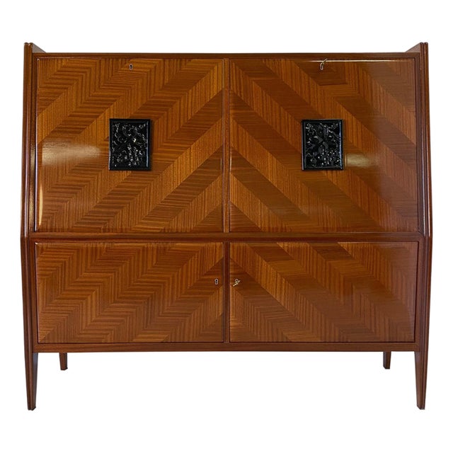 Italian Secretaire with Geometric Veneer and Carved Panels, 1950s For Sale