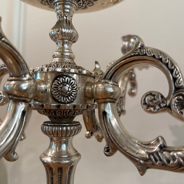 Metal Pair of Ornate Rococo-Style Silver-Plated 5-Arm Candelabras With Epergne Bowl For Sale - Image 7 of 12