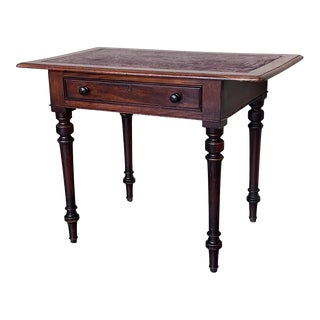 Spanish Country Pine Side Table With Two Sides Drawer and Leather Top For Sale