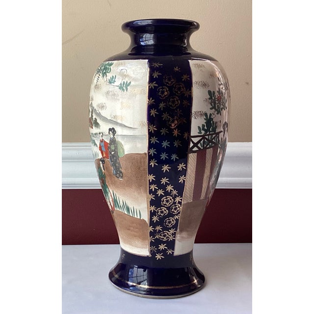 Japanese VTG/Antique Japanese Cobalt Porcelain Satsuma Figural Vase, Marked, 12 1/2” Tall For Sale - Image 3 of 12