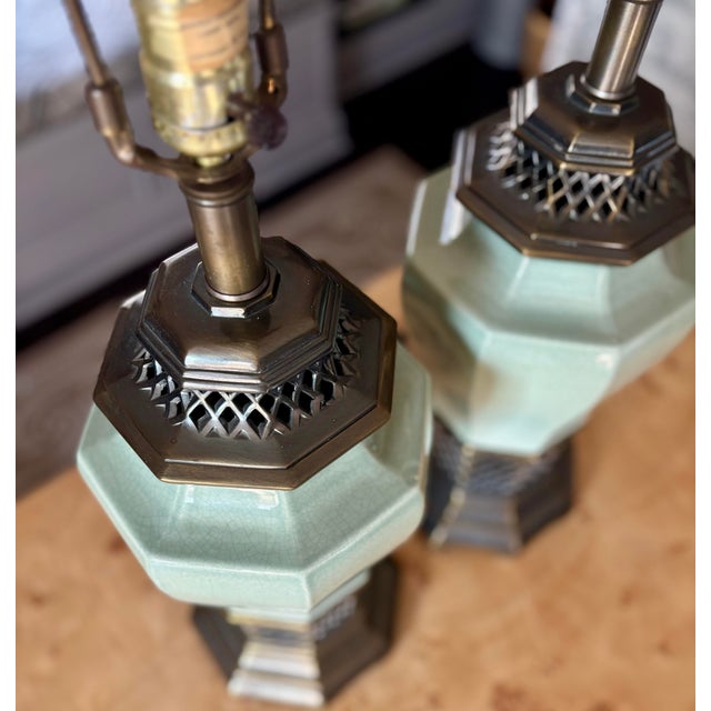 Metal Vintage Morris Greenspan Hollywood Regency Ceramic Pierced Bronze Celadon Lamps - a Pair For Sale - Image 7 of 9