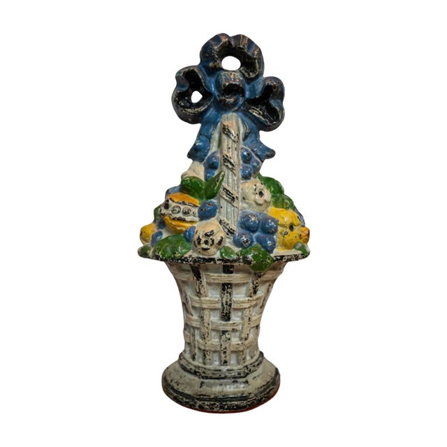 Early 20th Century Hubley Fruit Basket Painted Cast Iron Doorstop For Sale