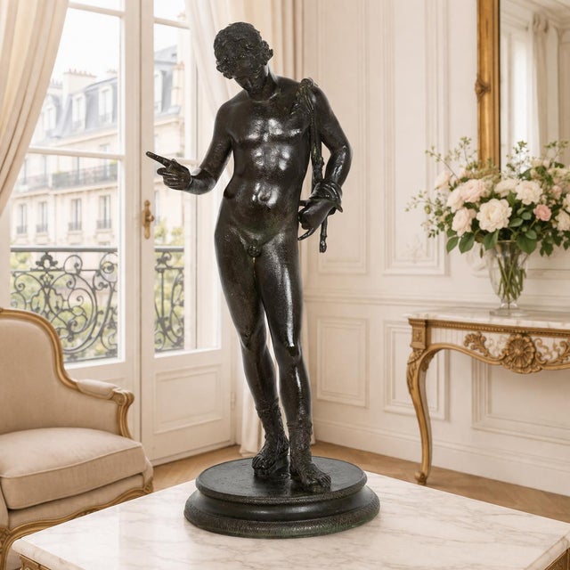 GRAND TOUR Italy, late 19th century "Narcissus" Patinated bronze | cast circa 1890-1910 Unmarked 24 3/4" H x 10" diameter...