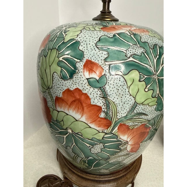 Mid 20th Century Hand Painted Chinese Ginger Jar Lamps W/Lotus Flowers - a Pair For Sale - Image 12 of 15