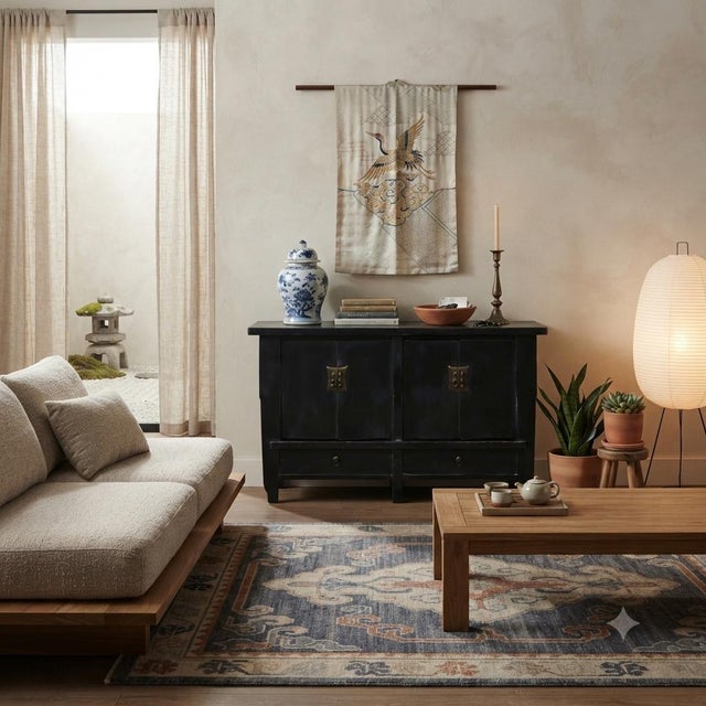 Wood Vintage Distressed Black Hardware Credenza Console Sideboard Cabinet For Sale - Image 7 of 17