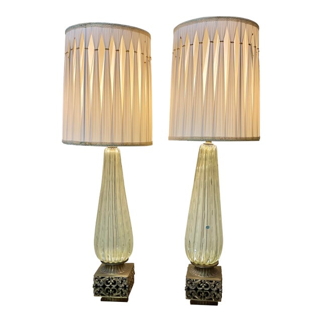 Mid 20th Century Stunning Pair of Murano Glass Lamps W/ Venetian Shades - a Pair For Sale