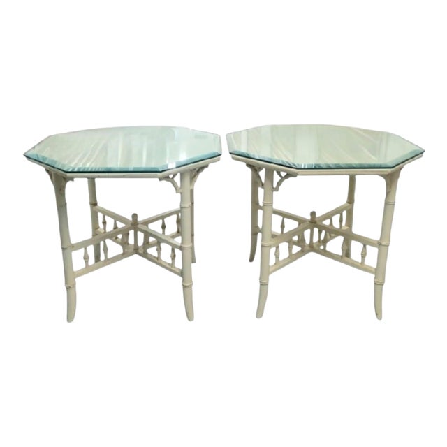Vintage Off White Fretwork Faux Bamboo Octagonal Oversized Glass Top Side Tables- A Pair For Sale