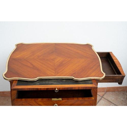 Antique French Napoleon III bedside table in precious exotic woods with gilded bronze elements. The front has two drawers...