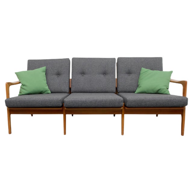 Cherry Wood Sofa with Green Cushions, 1960s For Sale