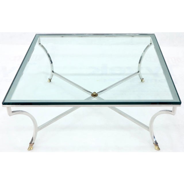 Maison Jansen Square Chrome and Brass Hoof Feet Base Coffee Table Thick Glass Top For Sale - Image 4 of 12